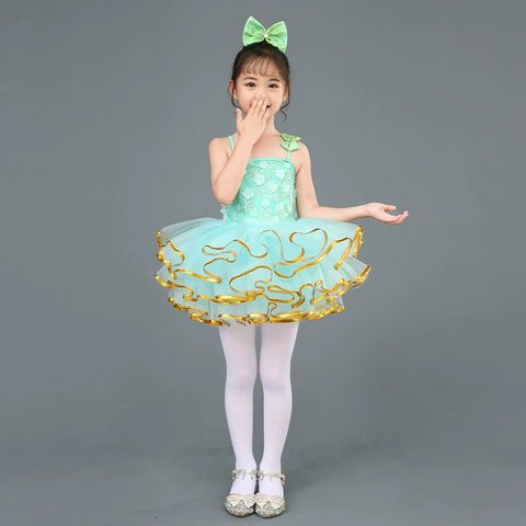 Children's Green Flowers Jazz Dance Dresses Ballet Tutu Skirts Birthday Party Ball Gown Girls Fancy Princess Dress for Kids