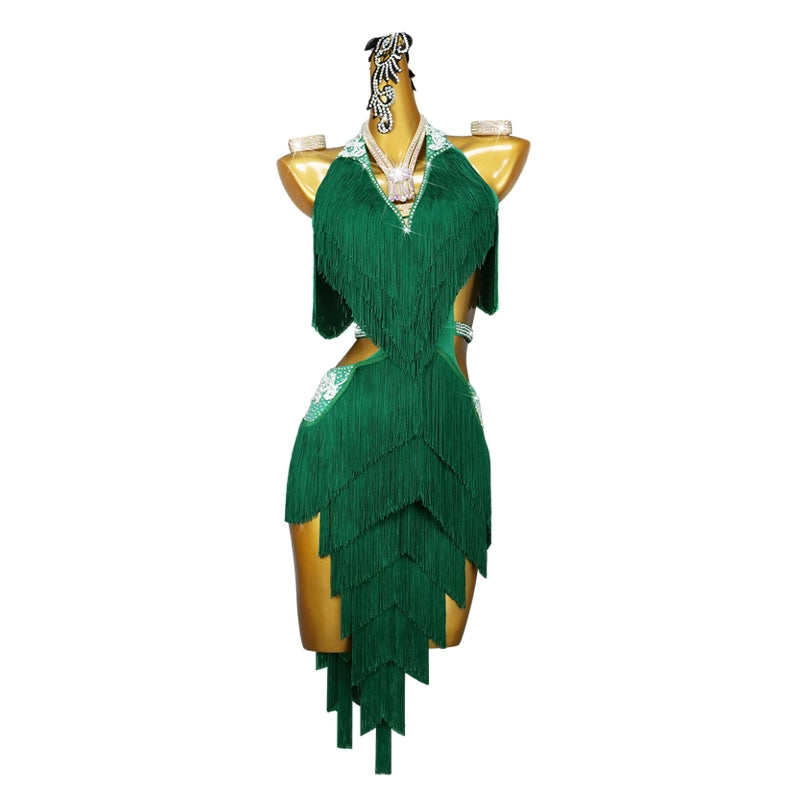 Women Girls Dark Green Competition Fringe Latin Dance Dresses Long Length Irregular Skirts Salsa Rumba Chacha Samba Dance Costumes for Female