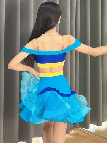 Blue yellow children's Latin dance dance dresses salsa ballroom performance skirts off-the-shoulder practice outfits for kids