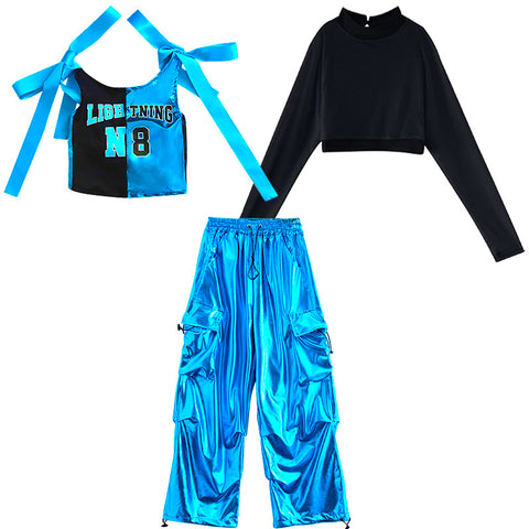 Girls' Blue Shiny Jazz Dance Costume Hip Hop Street Dance Outfits for Kids Rapper Singer Gogo Dancers Model Catwalk Suit