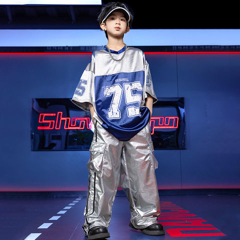 Street Hip Hop Jazz Dance Costumes for Girls Boys Rapper Singers Glitter Dance Blue Silver Clothing Gogo Dancers Modern Dance Outfits for Children