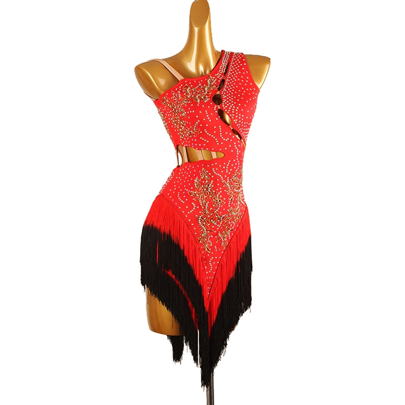 Red Black One Shoulder Latin Competition Dresses for Women Girls Slant Neck Diamond Bling Gradual Change Fringed Latin Salsa Chacha Dance Costume