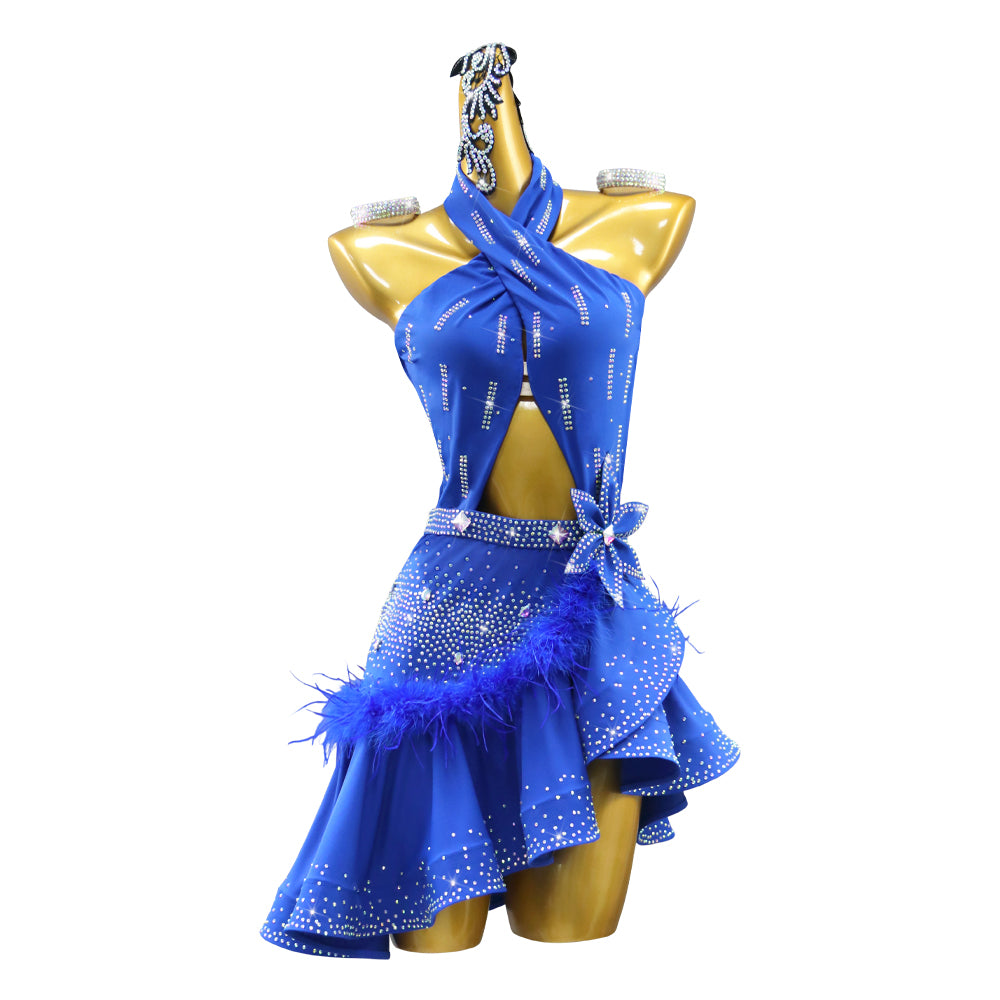 Royal Blue Feather Latin Dance Dresses for Women Girls Halter Neck Salsa Rumba Chacha Competition Performance Wear