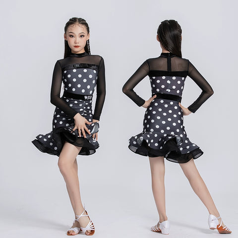 Children's black white polka dot Latin dance dresses school art test clothes salsa chacha latin tap dance Competition performance outfits