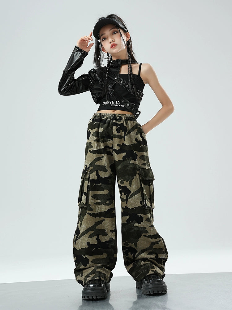 Girls Jazz Dance Costume Kids Rapper Singers Hip Hop Street Dance Outfits Single Sleeve Leather Coat Camouflage Pants