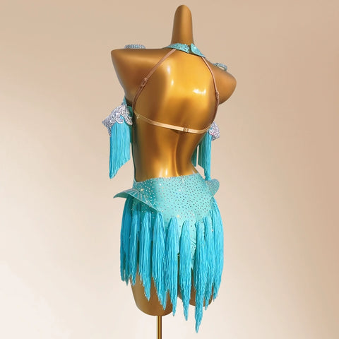 Custom Size Turquoise Fringe Competition Latin Dance Performance Dresses Blackpool Salsa Rumba Chacha Performance Outfits