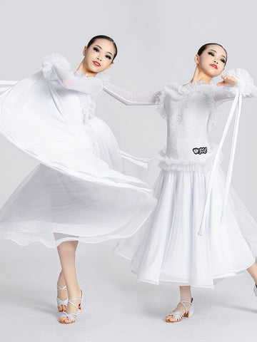 White Lace Long Sleeves Ballroom Dance Dresses for Girls Kids Children's Waltz Tango Art Test Competition Performance Costumes