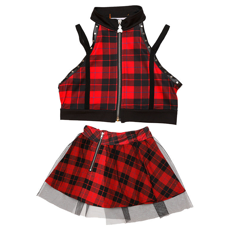 Children Red plaid street hip-hop jazz dance costume group band gogo dancers rapper singers dance outfits model show catwalk clothes for kids