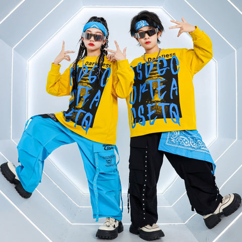 Kids Hip Hop Street Jazz Dance Costumes Boys Girls Blue Yellow Hiphop Fried Street Model Show Rapper Singers Catwalk Trendy Outfits for Children