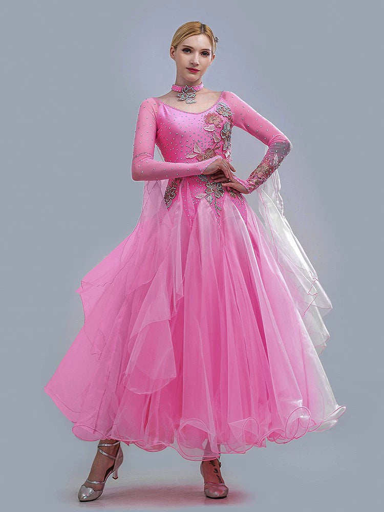 Modem ballroom dance dresses for women girls pink diamond ballroom dancing competition gown waltz tango foxtrot dancing skirt