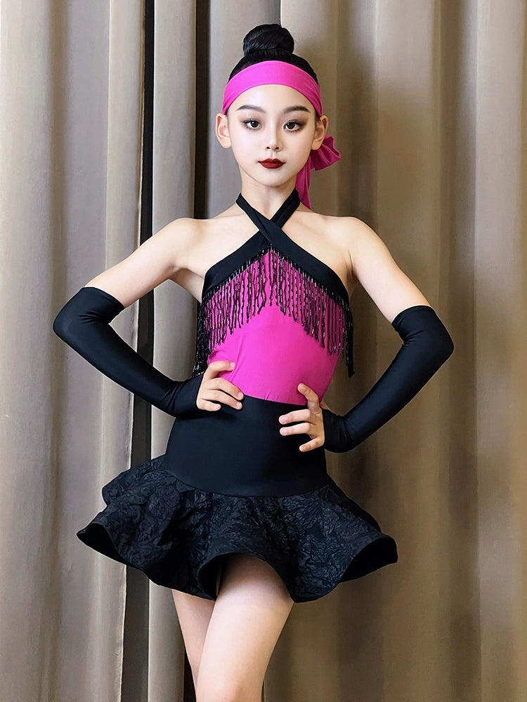 Black with fuchsia fringe Latin dance dresses for kids girls salsa ballroom latin dance practice suit