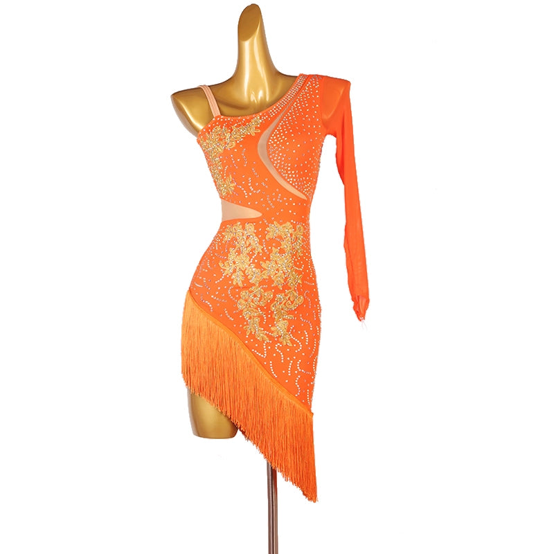 One Shoulder Diamond Latin Dance Dress for Women Girls White orange green blue red Slant Neck Performance Competition Costumes Salsa Chacha Dance Outfits