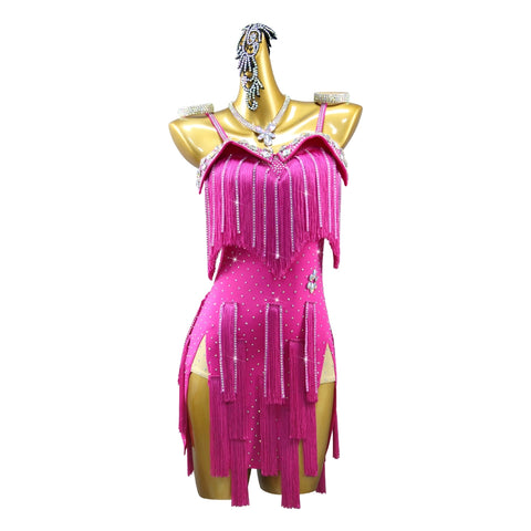 Fuchsia Hot Pink Fringe Latin Dance Competition Dresses for Women Girls Salsa Rumba Chacha Performance Outfits Black Pool Dancing Wear