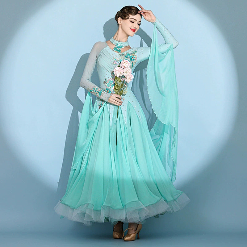 Aqua green color competition ballroom dance dresses for women girls waltz tango senior rhythm modern dance costume