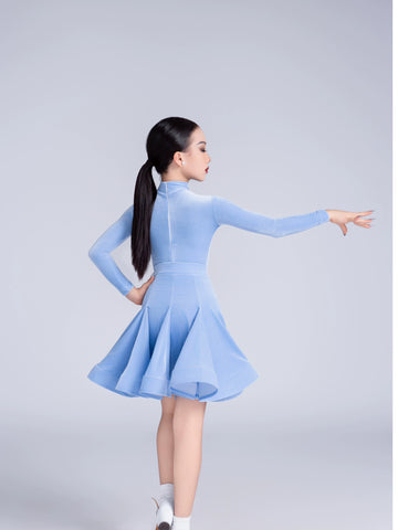 Children's blue pink velvet Latin dance dress kids national competition ballroom dance costumes for girls