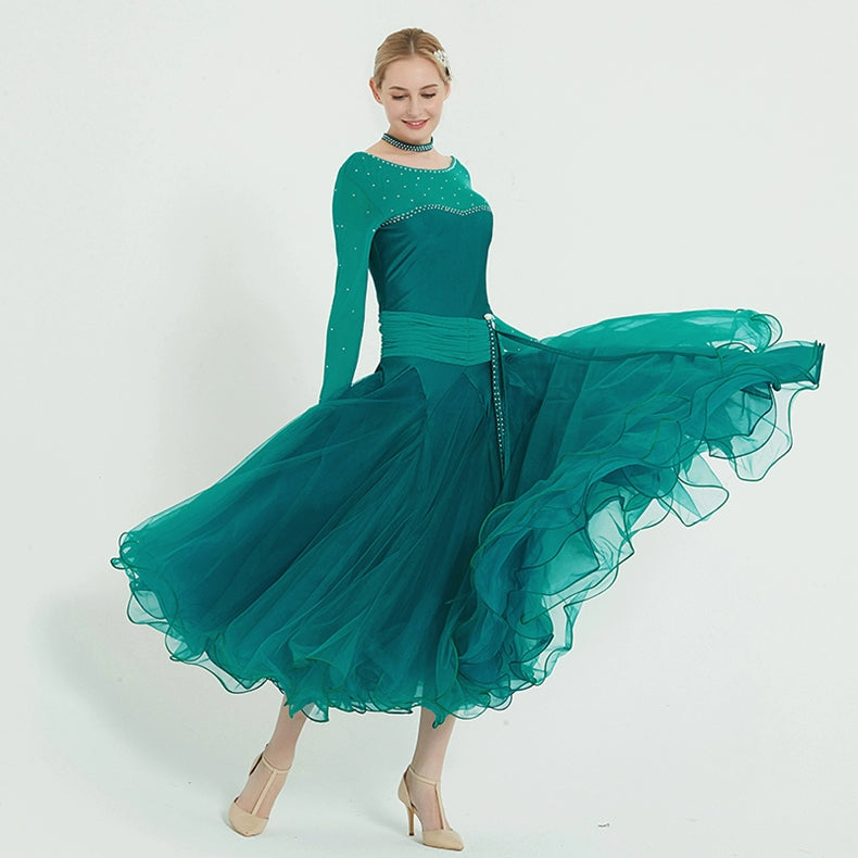 Custom Size Dark Green Red Pink Competition Ballroom Dance Dresses for Women Girls Kids National Waltz Tango Sparkling Dancing Long Gown