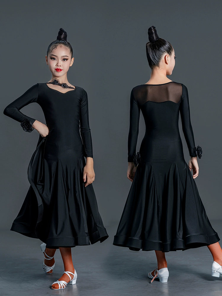 Black modern ballroom dance dresses for girls kids national standard professional competition uniform waltz tango performance wear