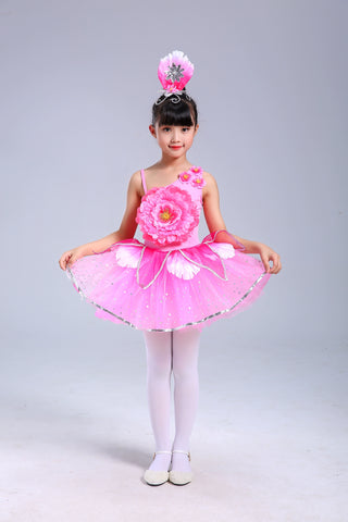 Children's Pink Petals Flowers Jazz Dance Dresses Jasmine Blossom Dance Costume Flower Fairy Tutu Skirts Performance Costume for Kids