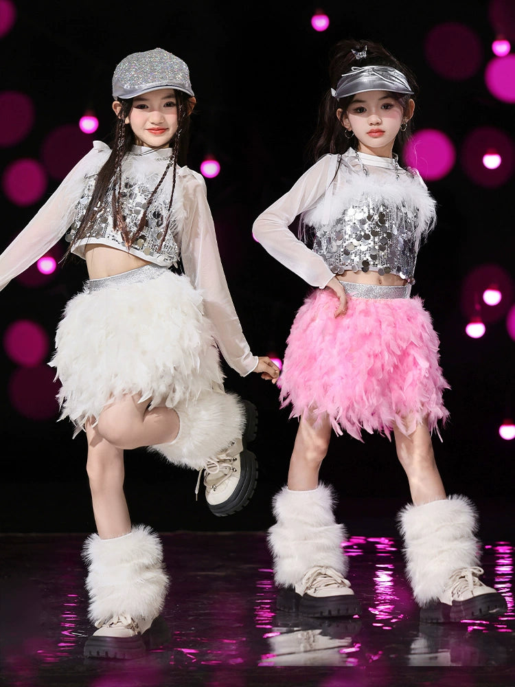 Girls Silver Pink Sequins Jazz Dance Costume Feather Hip Hop Rapper Singers Gogo Dancer Street Dancing Outfits Catwalk Model Show Clothing