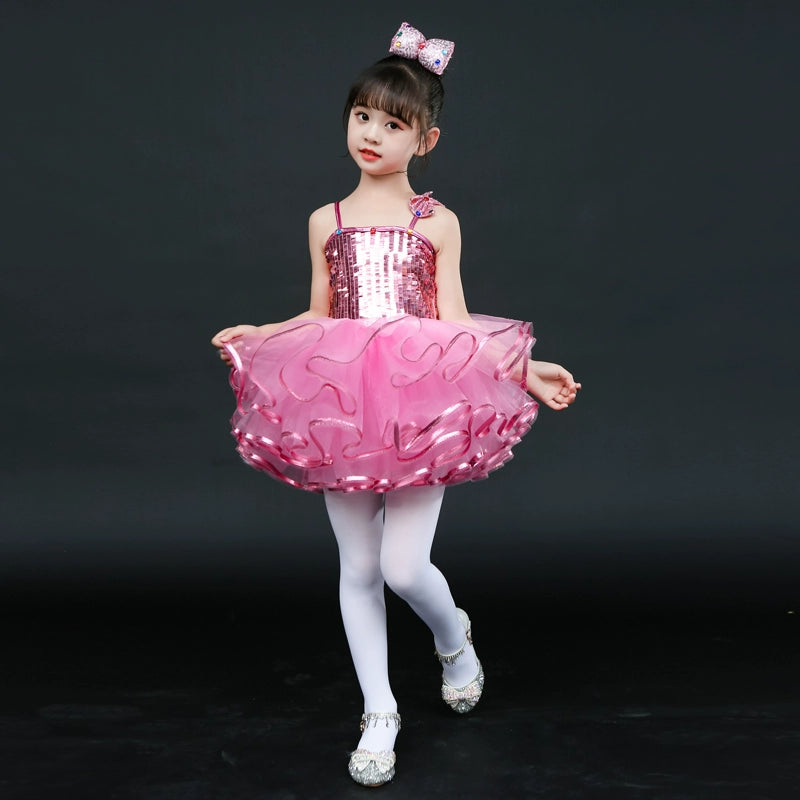 Children Pink Green Sequin Jazz Dance Dress Tutu Skirts Ballet Dress Toddler Pianist Princess Choir Performance Costumes