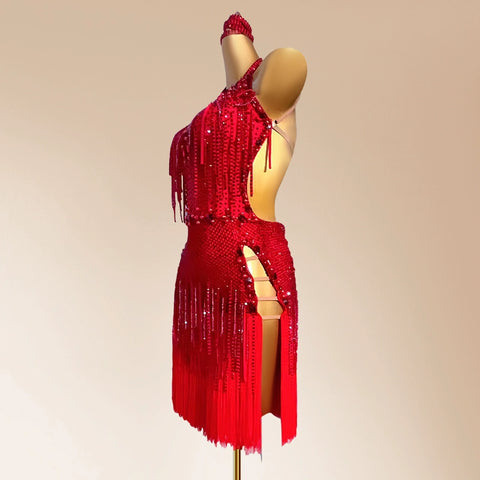 Custom Size Red Fringe Bling Competition Latin Dance Dresses for Women Girls Black Pool Salsa Rumba Chacha Performance Outfits