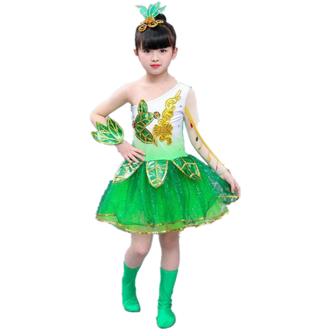 Children's Green Flowers Jazz Dance Dresses Modern Dance Princess Dress Kids Chorus Performance Costumes Choir Dancing Skirts for Girls