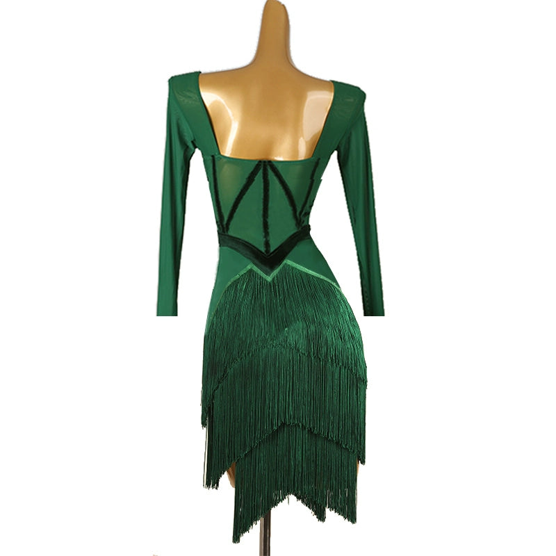 Dark Green Fringe Competition Latin Dance Dresses for Women Girls Salsa Rumba Chacha Velvet Edge Ribbon Stage Performance Dance Wear