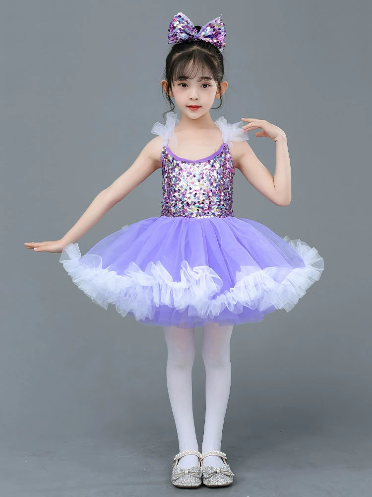 Girls light purple sequined tutu skirt ballet princess dress kindergarten kids modern jazz dance costume