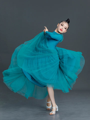 Children's Girls Blue Grey Ballroom Modern Dance Dresses for Kids Girls Long Sleeves High Neck  Waltz Tango Ballroom Dance Skirts for Kids