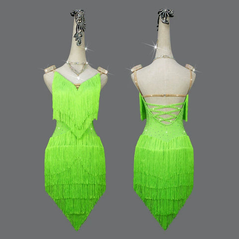 Neon Green Fringe Latin Dance Competition Dresses for Women Girls Kids Professional Sparkling Salsa Rumba Chacha Performance Costumes