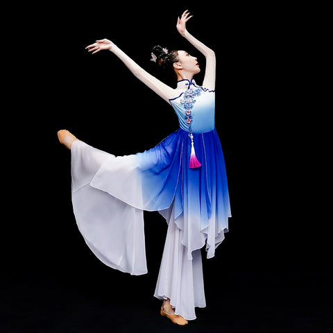 Chinese folk Classical Dance Costume for women girls Elegant  Blue fan umbrella Yangge Dance Costume Solo Dance wear hanfu