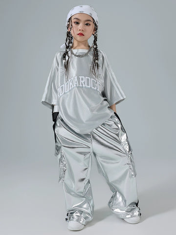 Hiphop street jazz dance Costumes for girls silver short sleeve pants modern gogo dancers rapper singers performance outfits for kids