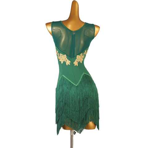 Back Zipper Latin Dance Dress for Women Girls Dark Green Red Salsa Rumba Chacha Tassel Dance Costume  Three-Step Dance Dress