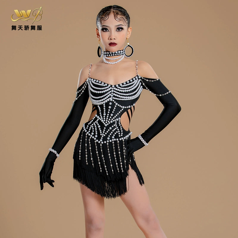 Pearl Black Latin Dance Dresses for Girls Kids Salsa hollow shoulder Rumba Chacha Ballroom Professional Competition Dance Outfits for Children