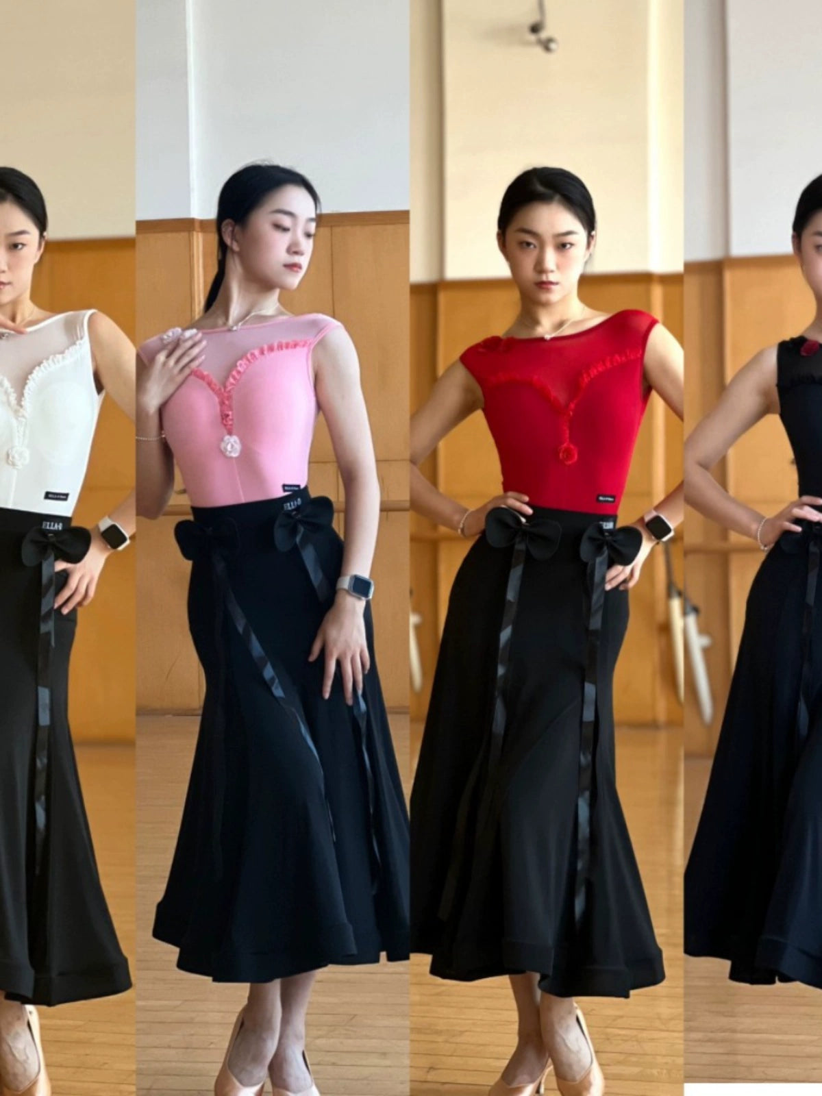 Women Girls Black Red White Ballroom Tango Waltz Dance Dresses Ruffles Sleeveless Lace Jumpsuit Flower Bow Modern Skirt Art Test Performance Costumes