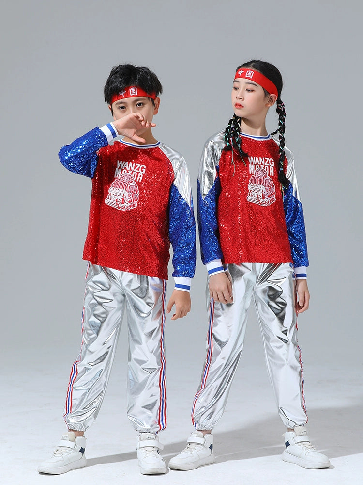 Children's Cheerleading Costumes Silver Blue Sequins Jazz Hip Hop Street Outfit for Girls Boys Opening Ceremony Jazz Dance Outfits for Kids