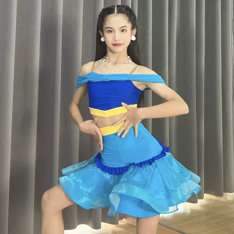 Blue yellow children's Latin dance dance dresses salsa ballroom performance skirts off-the-shoulder practice outfits for kids