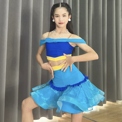 Blue yellow children's Latin dance dance dresses salsa ballroom performance skirts off-the-shoulder practice outfits for kids