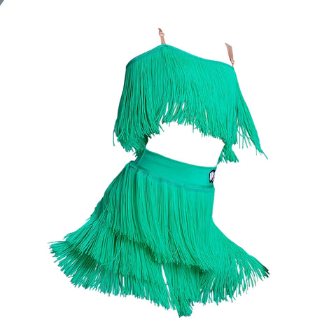 Green Tassels Latin Dance Dresses for Girls Kids Two Peices Salsa Rumba Standard Professional Performance Tap Dance Costumes for Children