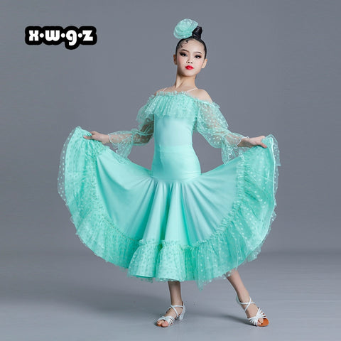 Girls Kids Pink Green Blue Polka Lace Ballroom Dance Dresses Children Ballroom National Ballroom Dance Long Sleeve Dew Shoulder Stage Performance Costumes for Kids