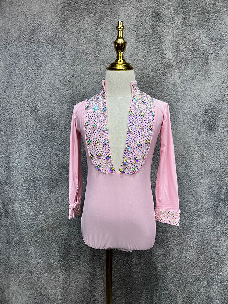 Custom Size Pink Rhinestones Boys Latin Dance Shirts Salsa Ballroom Flower Costume Competition Performance Top for Kids