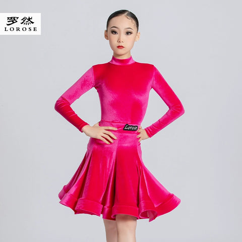 Children's  Pink Blue Red Green Black Latin Ballroom Dance Dresses for Girls Kids High-necked Velvet Long-sleeved  Salsa  Dance Clothes