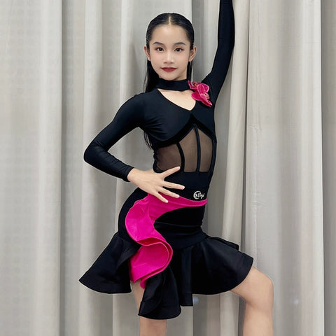 Black with Hot Pink Ruffles Latin Ballroom Dance Dresses for Kids Girls Professional Salsa Chacha Rumba Art Examination Standard Competition Costumes