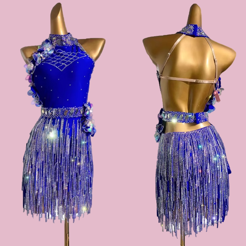 Custom Size Royal Blue Fringe Competition Latin Dance Dresses for Women Girls Kids Salsa Rumba Chacha Solo Dancing Bling Costumes