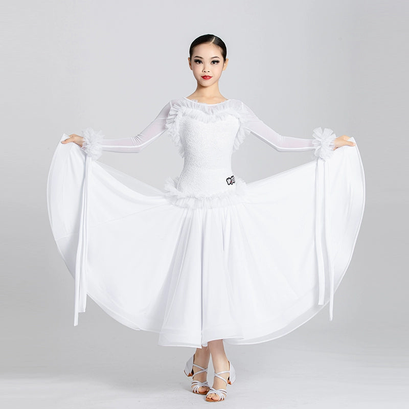 White Lace Long Sleeves Ballroom Dance Dresses for Girls Kids Children's Waltz Tango Art Test Competition Performance Costumes