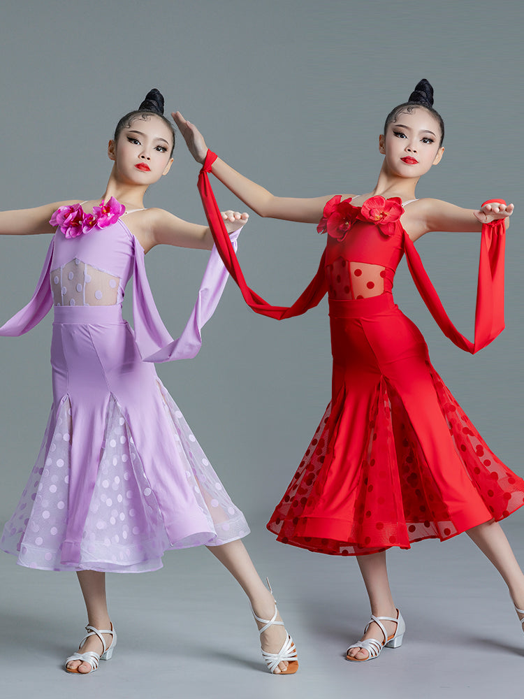 Red polka purple flowers ballroom Latin dance dresses for girls kids flowers waltz tango national professional competition gown for children