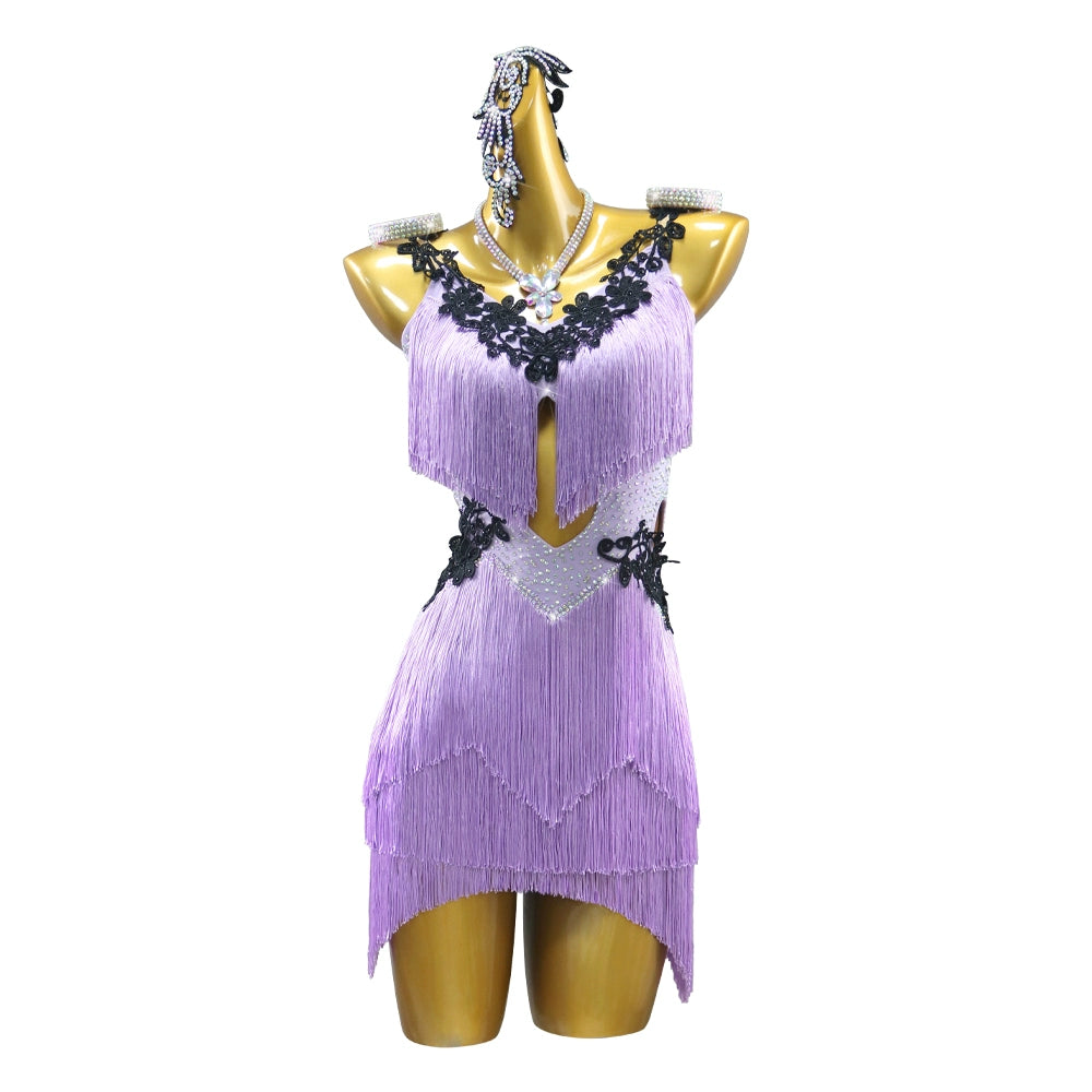 Purple Lavender Latin Dance  Dress for Women Girls Kids Tassel Competition Performance Salsa Rumba Chacha Solo Dance Costume