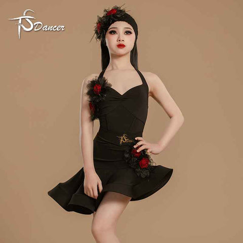 Black White Flowers Latin Dance Dresses for Girls Kids Salsa Rumba Dance Irregular Skirts with headband