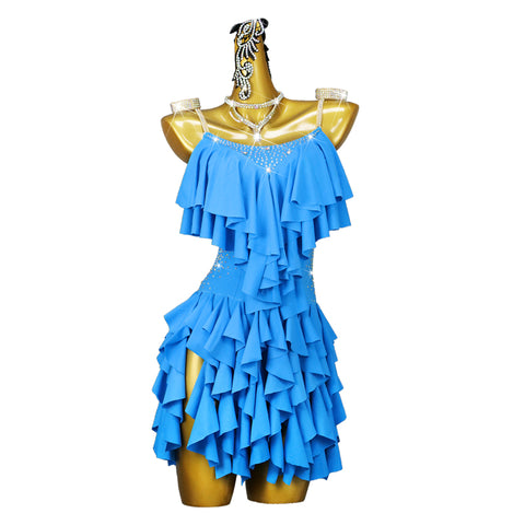 Turquise Ruffles Fringe Latin Dance Dresses for Women Girls Salsa Rumba Chacha Latin Performs Costumes