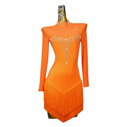 Professional Orange Latin Dance Dresses for Women Girls Fringe Rhinestones Ballroom Salsa Rumba Chacha Dance Contest Costume